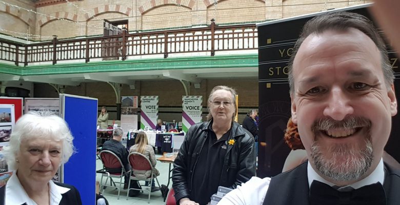 Teddie, Everlyn and Roy flying the flag for The Plaza at The Victoria Baths Open Day Event - 08.04.18